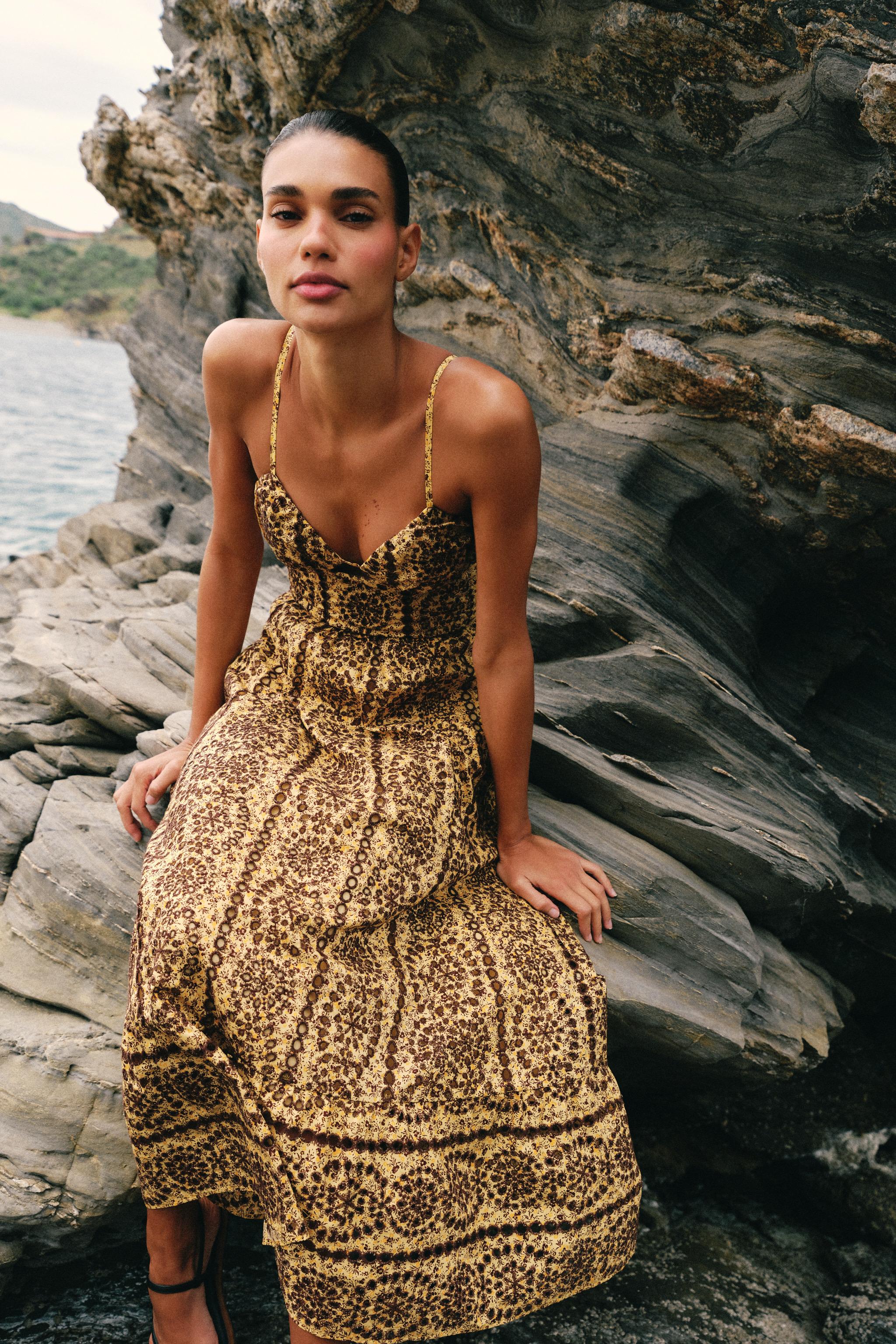 CUT-OUT EMBROIDERED EYELET MIDI DRESS